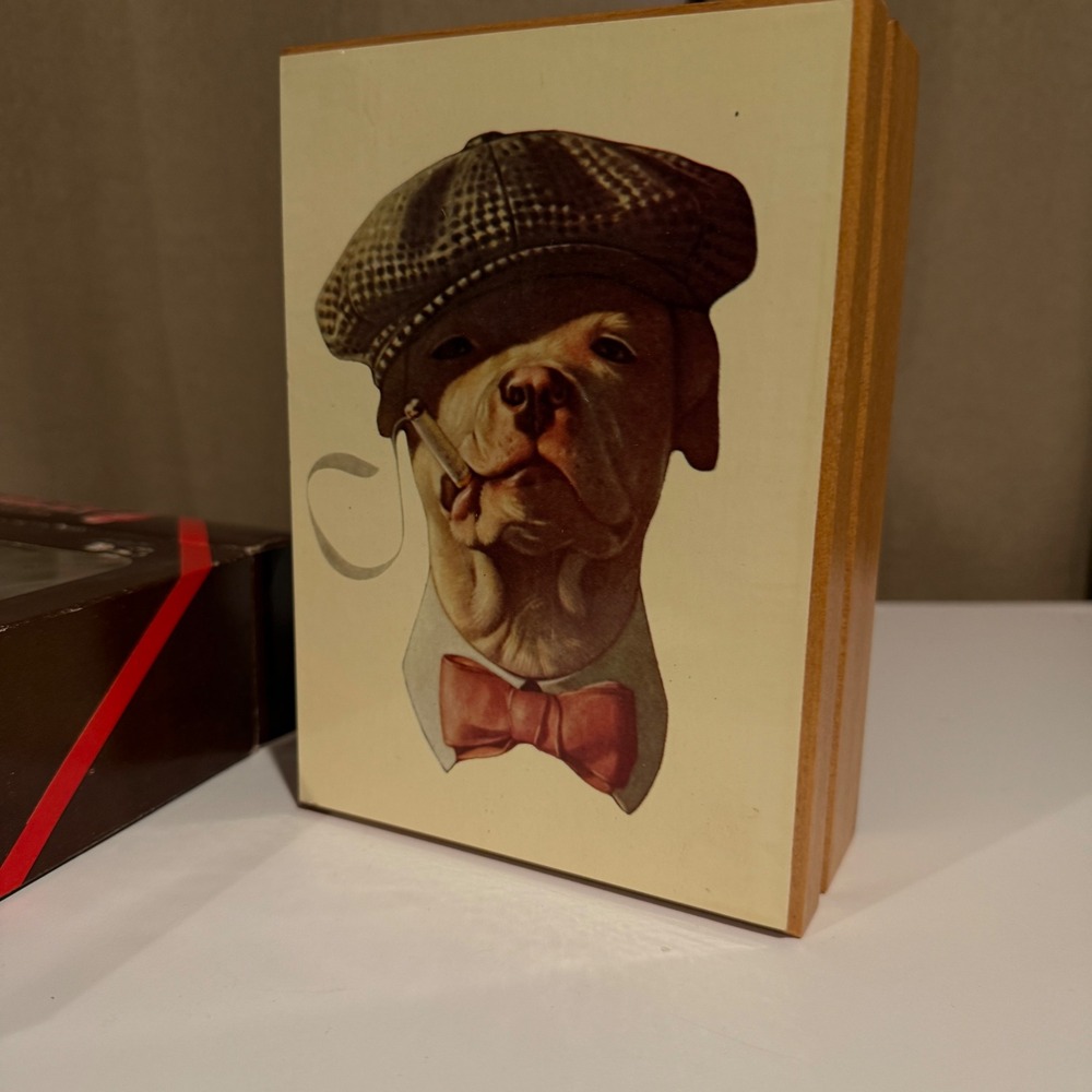 Vintage Willits Boxer Billy Wooden Trinket Box Dog Smoking‎ Cigar Newsboy Cap